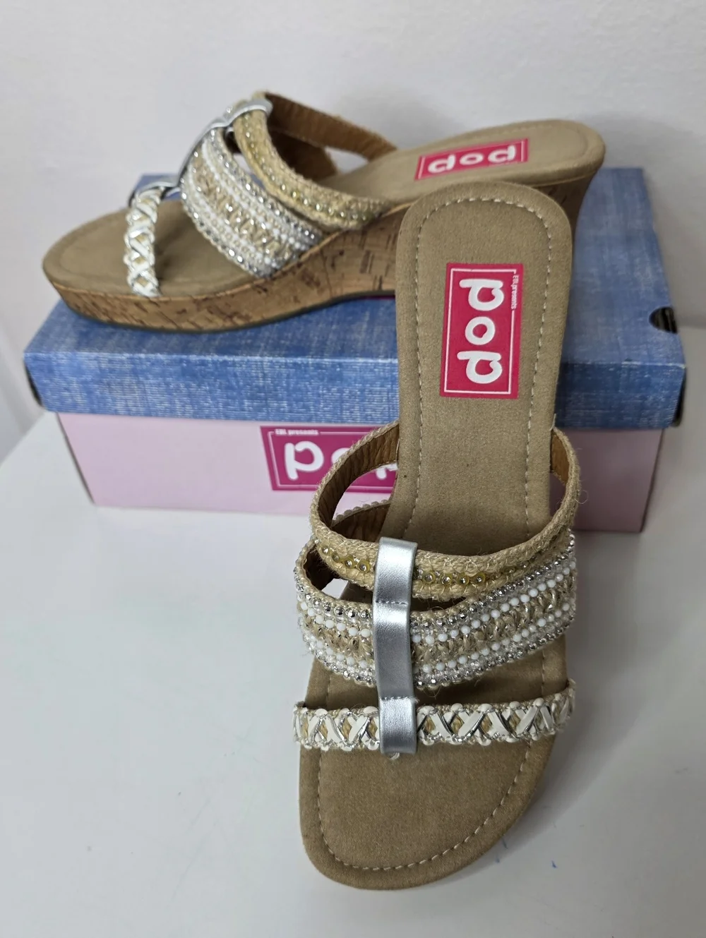 POP Kern Trail Silver & Natural Cork Wedge Thong Slip On Sandals New In Box 9m